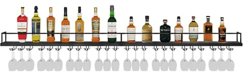 ZENSTYW Modern Wall Mounted Wine Rack,Liquor Shelf With LED Lighting,Metal Bar Shelves For Bottle Display,Floating Storage With Glass Holder For Dining Room,Kitchen,Bar(Black(With hook),150cm/59in)