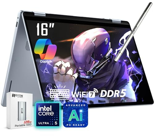 Dell Ordinateur portable 16 Plus 2 en 1, écran tactile 16 1920 x 1200, Core Ultra 5 226 V (>i7-1355U), compatible IA, PC Copilot, clavier rétroéclairé, webcam 1080p, Wi-Fi 7, Windows 11 Pro, bleu