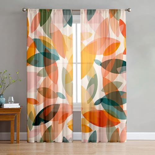 Odot Voile Gardinen Wohnzimmer, 3D Blatt Muster Halbtransparente Vorhänge mit Stangentaschen 2 er Set Gardinenvorhang Fensterschal Moderne Vorhänge Fenster (Bunt,W107 H213cm)