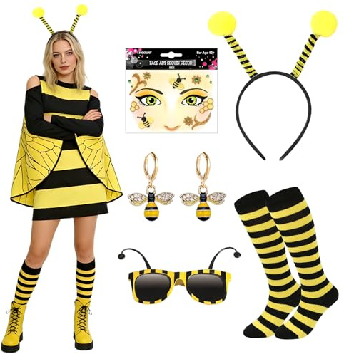CHMMY Bienenkostüm Erwachsene, Hummel Kostüm Cosplay Damen mit Bienen Kleid Biene Haarreif Socken Ohrringe Brille Bienenaufklebern für Damen Halloween Karneval Cosplay und Tierpartys M