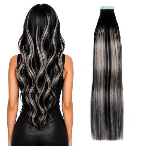 Tape In Extensions Balayage Schwarz Grau Echthaar 45 cm 10 Stück