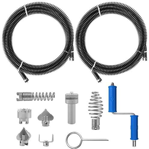 Drain Snake 2x3m Pipe Cleaner Spiral with 6 Cutting Heads, Manual & Electric Adapter, Heavy-Duty 12mm Drain Unblocker Auger Tool for Kitchen Sinks, Bathroom Drainage, Toilet & Sewer Pipe Cleaning