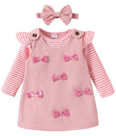 Newborn Baby Girl Outfit Clothing Sets Tops+Suspender Skirts Overall Dress | 3 pcs Cute Ruffle Striped Romper Clothes for 0-24 Months for Birthday, Daily Life,Party