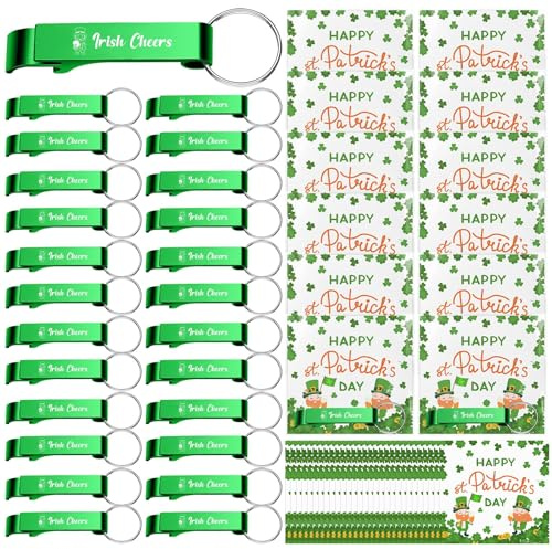 24 Set Irish Cheers Bottle Openers Keychain with Good Luck Clover Cards Green Leprechaun Beer Opener for St Patricks Day Party Favors Appreciation Gift for Employee Coworker Family