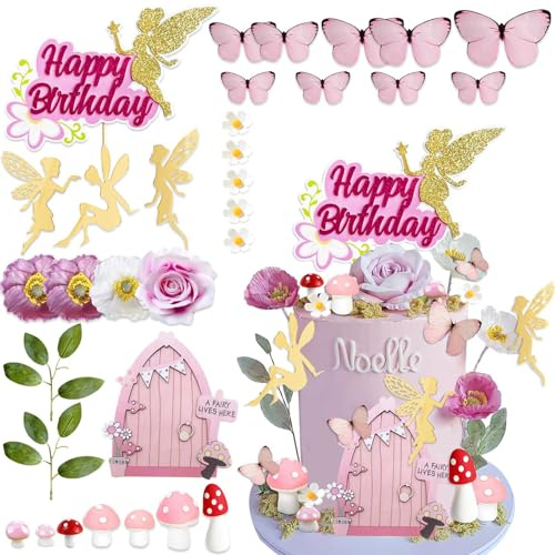 Feen Tortendeko, 28PCS Torten Deko Pilz, Fairy Tortendeko, Torten deko Feen und Elfen, Fee Topper Kuchen, Kuchendekoration für Mädchengeburtstag, Feenparty, Märchenparty