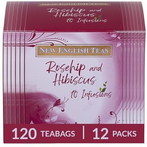New English Teas Fruit & Herbal Tea, Rosehip & Hibiscus, 120 Teabags, 12 Packs of 10 Individually Wrapped Tea Bags, Naturally Caffeine Free