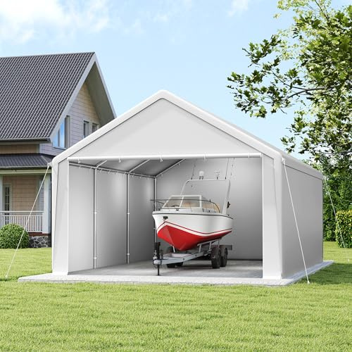 MAYTIIMO Carport Lagerzelt 4x6m Weiß, Stahlgestell verzinkt, PE Plane 200g/m² wasserdicht UV Schutz, inkl. Seitenplanen, Dachverstärkung & Zubehör für Fahrzeuge und Lagerung