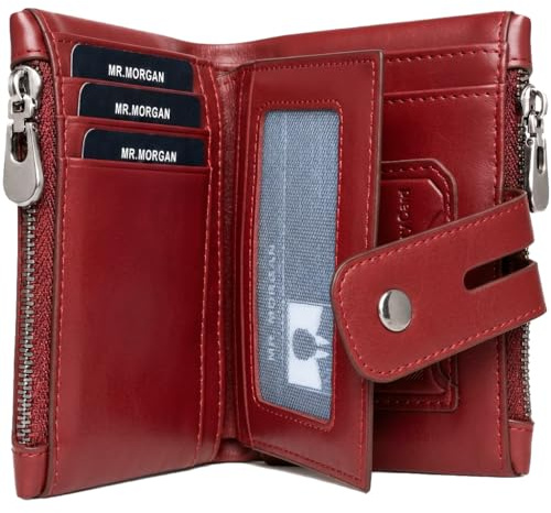 MR.MORGAN Portefeuille Homme Femme, Porte Carte Homme, Porte Monnaie Homme en Cuir Véritable Rouge, RFID, Jusqu’à 15 Cartes, Ancienne CNI, Porte-Cartes Amovible, Monnaie Zippée, Boîte Cadeau