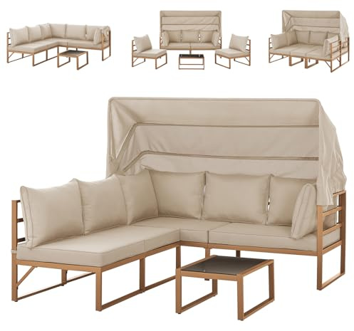 SVITA Maui Gartenmöbel-Lounge-Set mit Dach Outdoor-Sofa Strandkorb-Sonneninsel Stahl Beige