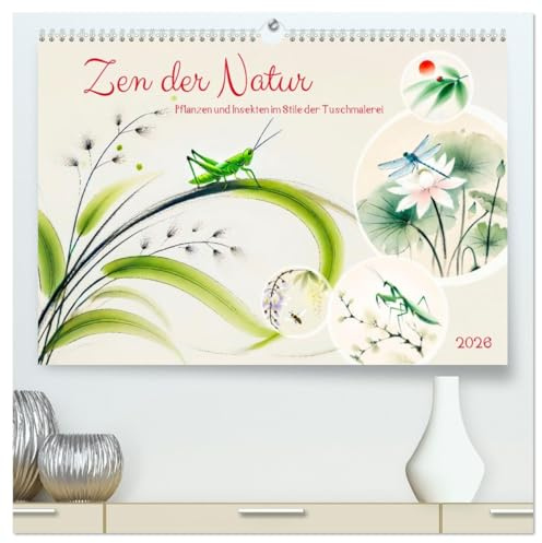 Zen der Natur - Pflanzen und Insekten im Stile der Tuschmalerei (hochwertiger Premium Wandkalender 2026 DIN A2 quer), Kunstdruck in Hochglanz: ... KI-Kunst des Fernen Ostens (CALVENDO Kunst)
