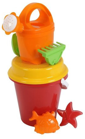 Simba 107113833 - Eimergarnitur, 3-sort., es wird nur ein Artikel geliefert, 7 Teile, Eimer, Sieb, 2x Sandform, Schaufel, Rechen, Gießer, Höhe 20cm, Durchmesser 22cm