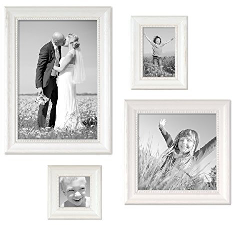 4er Set Bilderrahmen Landhaus-Stil Weiss, 10x10, 10x15, 20x20 und 20x30 cm, inkl. Zubehör/Fotorahmen
