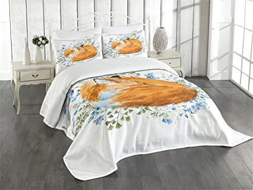 ABAKUHAUS Fuchs Tagesdecke Set, Sleeping Fox Aquarellen, Set mit Kissenbezügen Feste Farben, für Doppelbetten 220 x 220 cm, Orange Blue Olivgrün