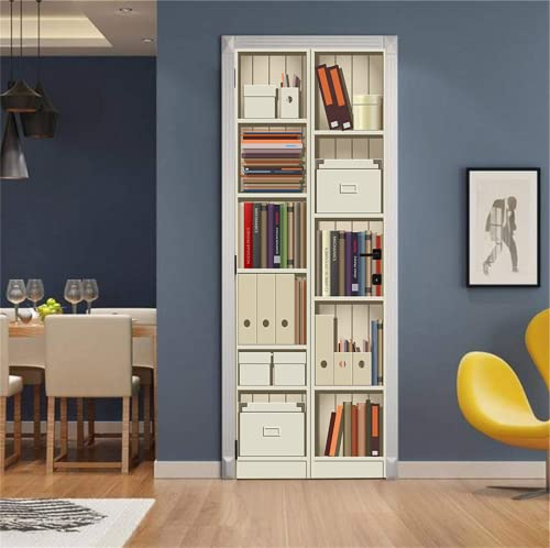 FLFK 3D Bücherregal-Kabinett Wohnzimmer Türtapete Wandbilder Selbstklebend Tür Poster Vinyl Entfernbar Mauer Aufkleber Zuhause Dekor 77x200CM