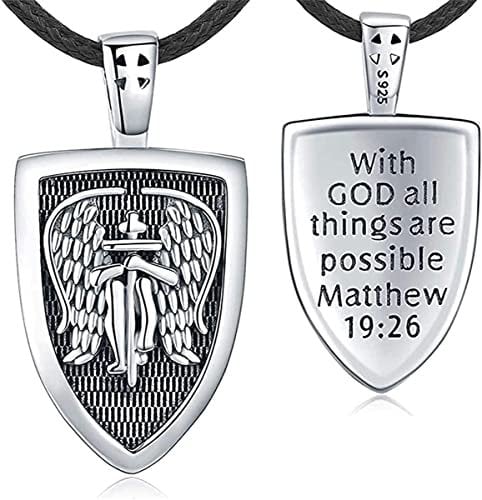 925 Sterling Silver Angel Guardian Necklace for Men, St Michael Amulet Pendant Necklace Shield Protection Jewellery Gifts with Leather Rope 22 Chain
