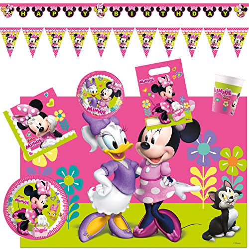 Procos Kit de fête pour Enfants Disney Minnie Mouse, Happy Helpers, Assiettes, gobelets, Serviettes, Nappe, Sacs de fête, bannière HB, décoration de Table, Anniversaire d'enfant, fête à thème.