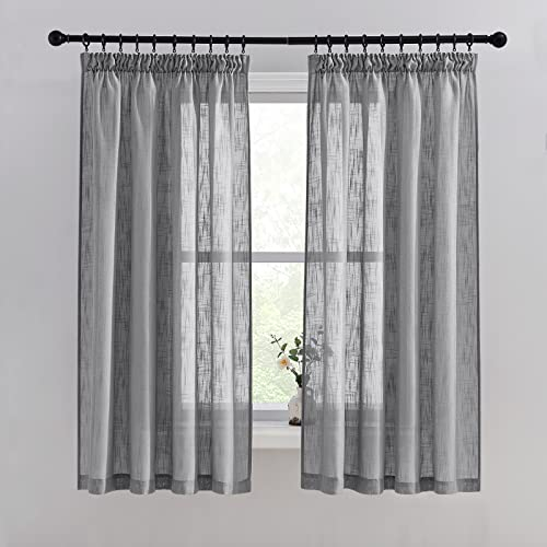 PONY DANCE Leinenoptik Vorhang Halbtransparent Voile Gardinen mit Kräuselband Vorhänge Wohnzimmer Lichtdurchlässige Gardinen Kurz Vorhänge Dunkelgrau, 2 Stücke H 160 x B 140 cm