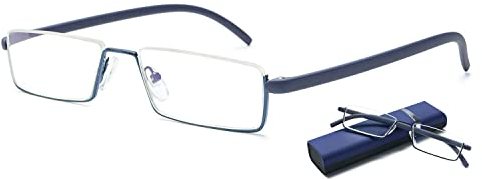 VEVESMUNDO Anti Blaulicht Lesebrille mit Etui Metall TR90 Flexibel Leicht Kleine Halbrand Sehhilfe Lesehilfe Brille für Herren Damen(1 Stück Blau Lesebrille mit Hülle, +2.25)