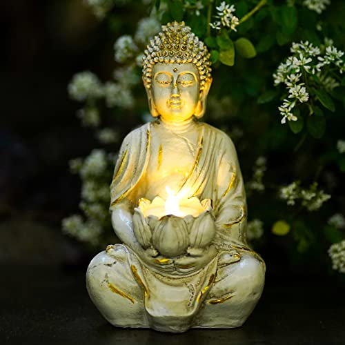Goodeco Meditierende Buddha-Ornamente, sitzende Skulptur, Dekoration, Teelichthalter/Kerzenhalter, Buddha-Figur mit LED-Teelicht – Buddha-Statue für Zuhause, Terrasse, antikes Weiß, 20.5 cm