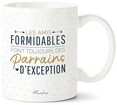Manahia Mug Cadeau Parrain - Les amis formidables font toujours des parrains d'exception - Avec Boite Kraft - Imprimé en France - 330 mL Céramique - Tasse - Baptême - Demande Futur Parrain