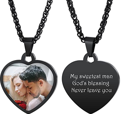 MeMeDIY Bild Kette Personalisiertes Foto mit Speziell Design Herzanhänger für Männer Frau Sie Ihn Farbe Schwarz-B