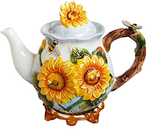 FORLONG Ceramic Coffee Pot, 3D Hand Painted Yellow Sunflower and Bee Teapot, Home Decor