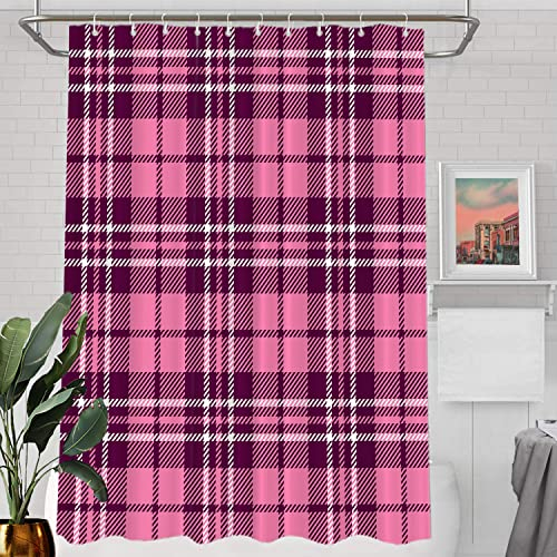 Batmerry Pink Purple Abstract Decor Shower Curtain,Pink and Purple Plaid Bathroom Decor Polyester Fiber Plastic Rings Quick-Drying Waterproof for Bathtubs/Bathroom, 72x60 inches