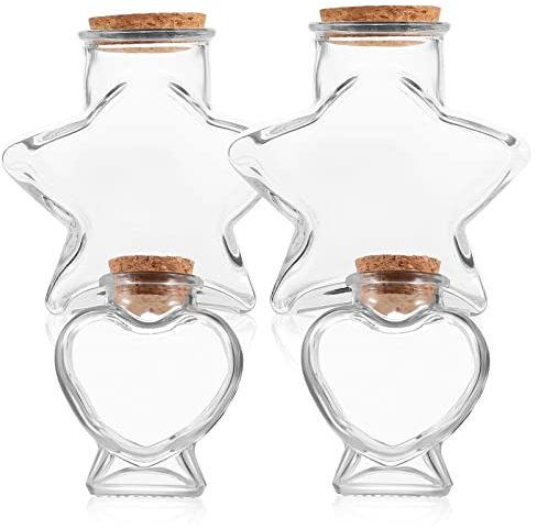 Alipis 4Pcs Small Glass Jars with Cork Lids - Heart & Star Shaped Cookie, Candy & Favor Jars - Wishing & Drift Bottles
