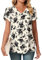 Bestbee Ladies Summer Tops, V Neck Petal Short Sleeve Shirts Dressy Chiffon Tunic Tops Casual T-Shirts Cute Blouses for Women, Black Flower Beige, XL