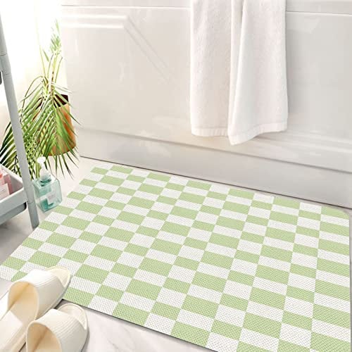 SHIVNAMI Bath Mat Rugs for Bathroom,Geometric Retro Big s Checked Pattern in Colors Monochrome Tile .Lime Green,Non Slip Anti Mould Bath Mat Set - Soft Machine Washable Rug