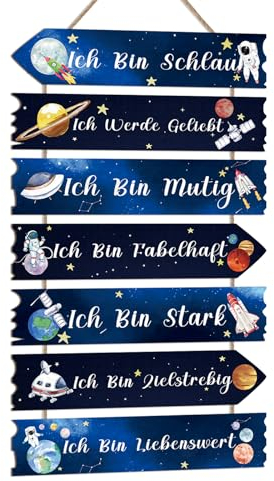 KAIRNE Planet Wanddeko für Kindzimmer Jungen,Schild Weltraum Wandkunst,Kinder Holzschild mit Spruch,Inspirierende Zitate Wandbild,Astronaut Wandschild für Babyzimmer Schlafzimmer Geschenk Tür Deko