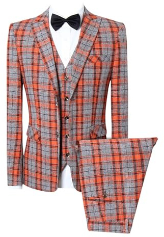 MOGU Herren dreiteilige Slim Fit Plaid Anzug Blazer Jacke+Weste + Hose, Orange/Abendrot im Zickzackmuster (Sunset Chevron), 54
