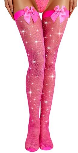 RSLOVE Calze Autoreggenti Donna Collant a Rete con Fiocco Rosa Fluo