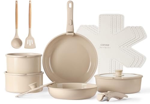 CAROTE 17 Piezas Juegos de Sartenes y Ollas Induccion con Mango Extraíble, Ceramica Antiadherentes Sartenes 24/28cm, Cazos 18/20cm, Wok 24cm, Batería de Cocina con Tapas, Apto Horno, Sin PFAS