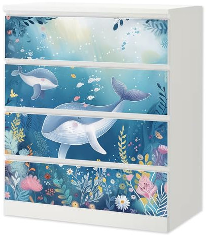 Sunnywall® Möbelfolie passend für IKEA Malm Kommode Schrankfolie Aufkleber mit Meereswelt Motiv | blasenfrei verkleben | Kinderzimmer 4er 80 cm