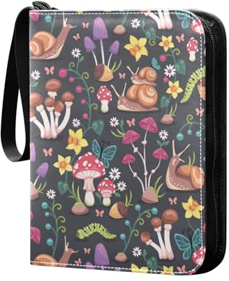 Pilze Schnecken Blumen Sammelkartenalbum 4 Taschen Kartenordner 50 Seiten 400 Karten PU Reißverschluss Kartenbinder Aufbewahrungshalter für Sportspielkarte
