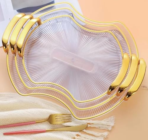 3 in 1 Acrylic Serving/Decorative Tray with Gold handle, Fruit/Dessert/Drinks/Coffee/Tea Display tray. Transparent,Durable and Beautiful Tray for kitchen,Home,Hotel and Bar (Irregular)