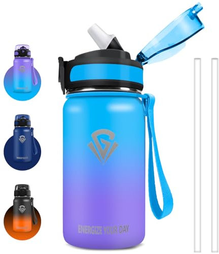 Grsta Gourde Isotherme, 500ml Gourde Paille, Gourde Enfant Anti Fuite, Double Paroi Isolante, Gourde Metal Sans BPA, Réutilisable, Facile à Nettoyer, Bouteille d'eau pour École, Bureau, Outdoor