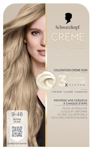 Schwarzkopf - Coloration Permanente - Creme Supreme - Resultat Couleur Uniforme - Coloration Creme Soin - Bonding - Pre-serum et Masque Soin - Couverture 100% Cheveux Blancs - 9-48 - Blond Clair