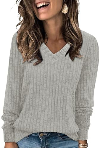 Magritta Long Sleeve Swing Tops for Women Lightweight Jumpers Oversized Sweaters Ladies V Neck Tunic Fall Shirts Vintage Pullover Business Outfits Light Grey, 26-28