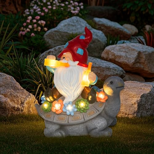 Gnome Garden Decor Statue with Solar Light Lantern, Turtle with Succulent Birthday Gifts for Women Mom Grandma, Funny Waterproof Resin Figurine Outdoor Decorations for Yard Patio Lawn Balcony Porch