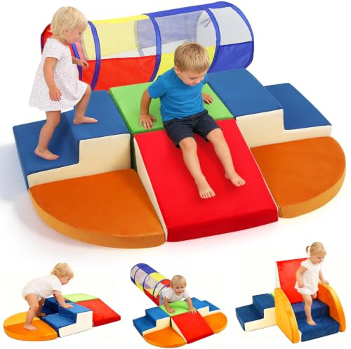 XIAPIA 6-teilige Schaumstoff Bausteine Set für Kinder mit Spieltunnel | Softbausteine zum Klettern & Krabbeln, Montessori Motorikspielzeug für Zuhause Kita, Schadstofffrei rutschfest, Geschenk Baby