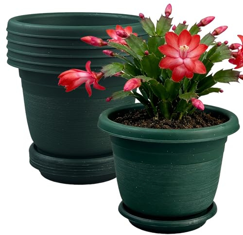 TEYIAN Plastic Plant Pots Indoor Outdoor 6 Pack 15.5cm/6.1-in Flower Pots with Drainage Holes and Tray, Modern Decorative Planter Pot for All House Plants - Green