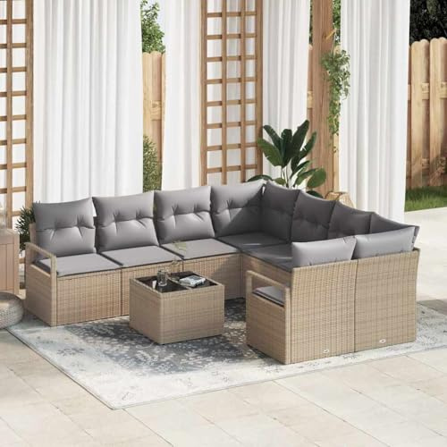 Hoopleep Poly-Rattan Sofa Set mit Kissen 9-TLG, Beige und Grau, UV-beständig, Modulares Gartenmöbel für Terrasse und Außenbereich, Langlebige Sitzgruppe
