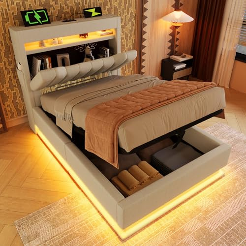 Ktipm Cama Tapizada 90x200 cm Camas Infantiles con Cabecero de Almacenaje y USB, Cama 90 Camas Juveniles con Iluminación LED y Compartimento Hidráulico, Listones de Madera, Lino, Sin Colchón, Beige