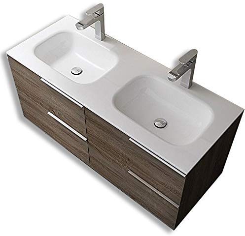 doporro Badmöbelset Waschtisch mit Unterschrank in Nussbaum 120x48x52 cm Unterschrank mit Mineralguss-Doppelwaschbecken Badezimmer Schrank mit 4 Schubladen Vanessa