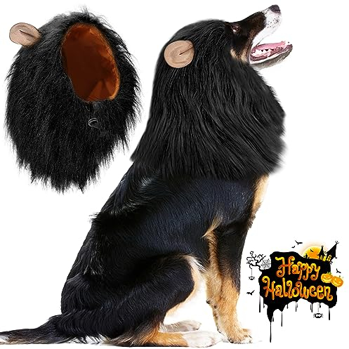 Vivifying Hundekostüm Löwenmähne Hund, Verstellbar Hunde Halloween Kostüm Perücke mit Ohren für Mittlere und Große Hunde (Schwarz)
