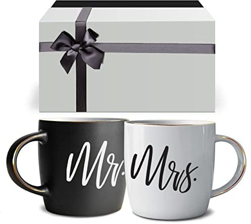 Triple Gifffted Mr y Mrs Tazas parejas a conjunto,Caja de Regalo para Novios,Novias,Regalos original, Bodas, Aniversarios,nupical,desayuno, Románticos,San Valentín, Navidad,380 Ml, Juego De 2 pack