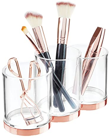 mDesign praktischer Kosmetik Organizer – dekorative Kosmetik Aufbewahrungsbox für Pinsel und Wimperntusche – Ablage mit 3 Fächern zur Schminkaufbewahrung – durchsichtig und rotgold