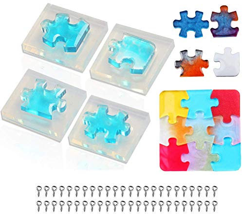 4Pcs Puzzle Piece Silicone Resin Molds, Mini Puzzle Silicone Epoxy Resin Jewelry Earring Necklace Pendant Keychain Making Mold DIY Handmade Craft Tools